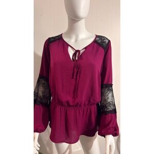 Thalia Sodi Violet Berry Long Sleeve Blouse Black Lace Trim, Sz L Whimsy Goth